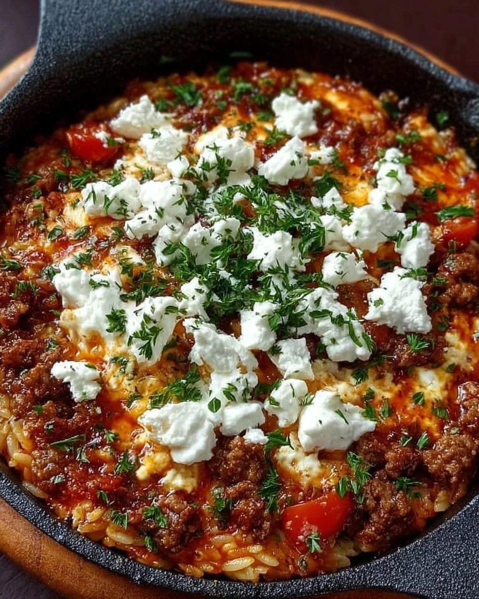 Griechische Kritharaki-Pfanne mit Hackfleisch und Feta auf einem Teller serviert