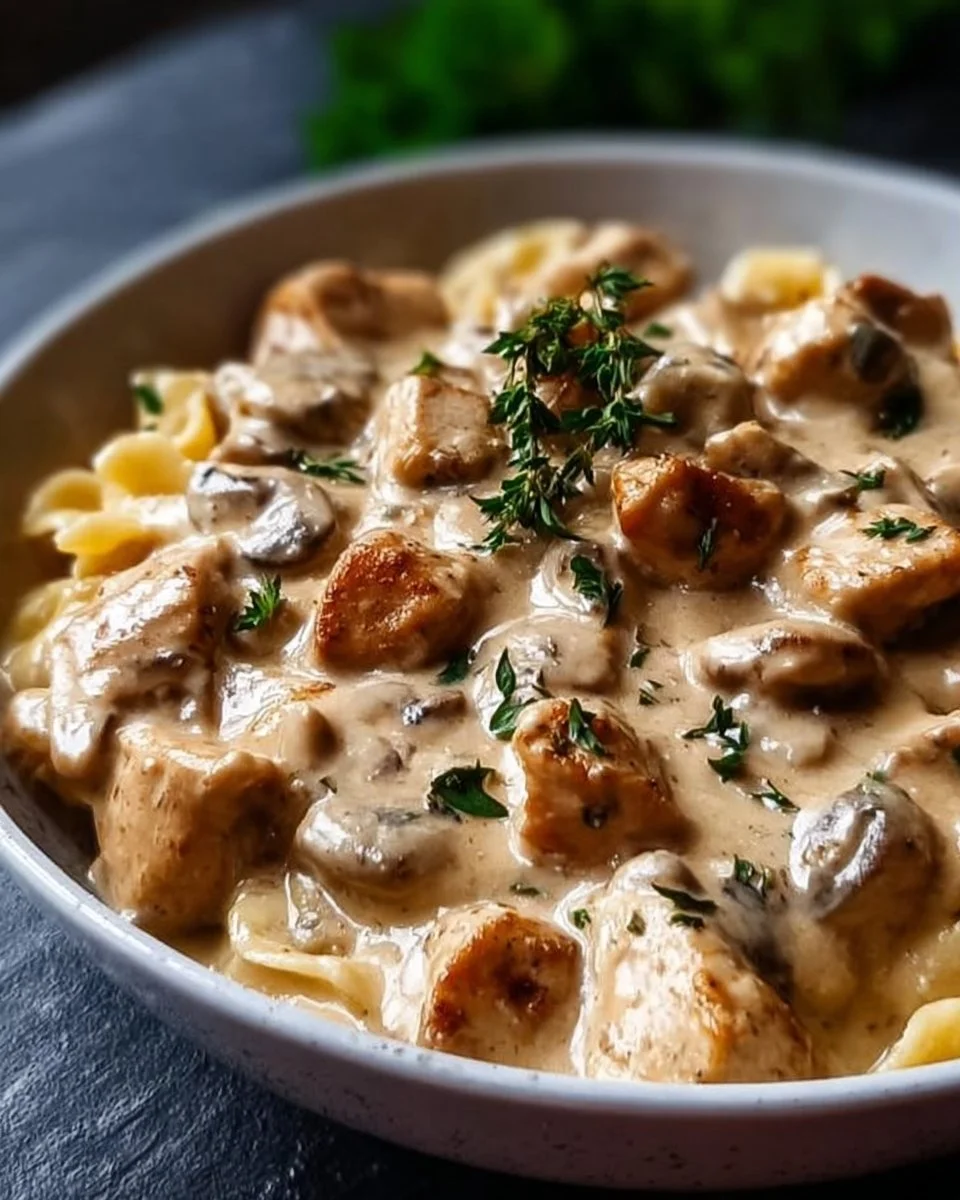 Hähnchen Stroganoff Rezept mit zarten Hähnchenstücken in cremiger Sauce