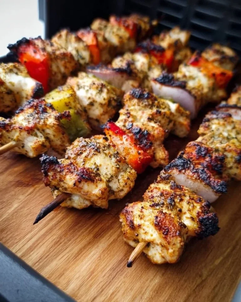 Hähnchenspieße aus der Heißluftfritteuse auf einem Grillrost