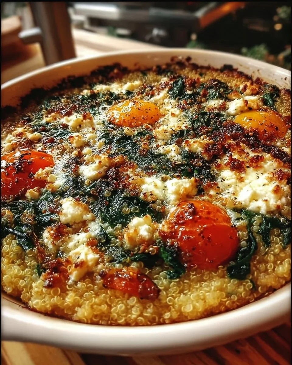Leckerer Spinat-Feta-Quinoa-Auflauf frisch aus dem Ofen serviert