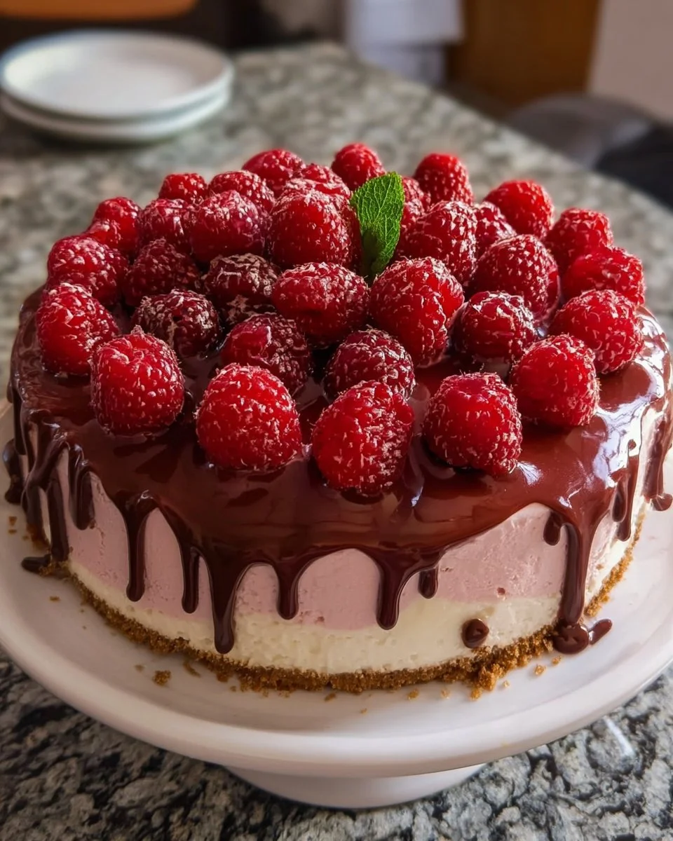 Himbeer-Frischkäse-Torte mit frischen Himbeeren und Creme auf einem Kuchen
