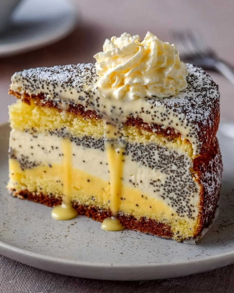 Mohn-Eierlikörtorte mit Mascarpone auf einem Teller, dekoriert mit frischen Beeren.