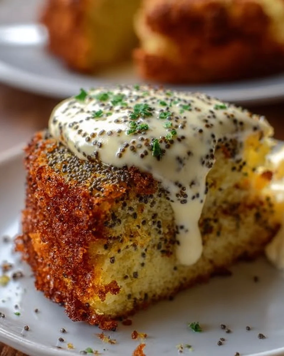 Himmlische Mohn-Eierlikörtorte mit Mascarpone auf einem Tisch serviert.