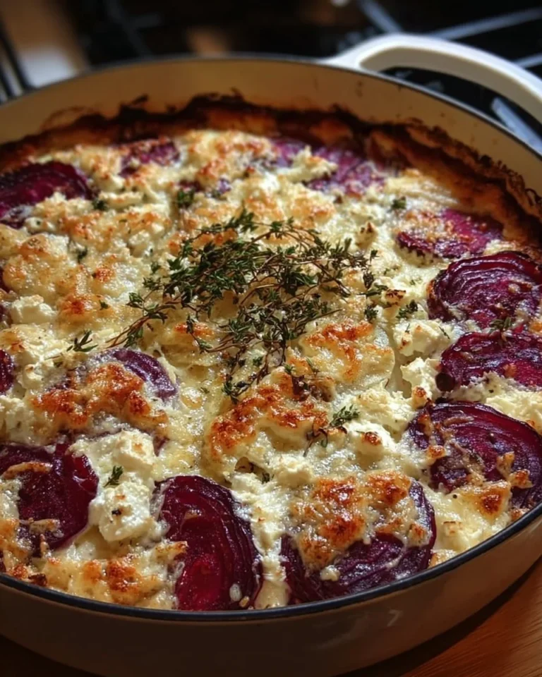 Himmlisches Rote Bete Gratin mit Ziegenkäse auf einem Teller angerichtet.