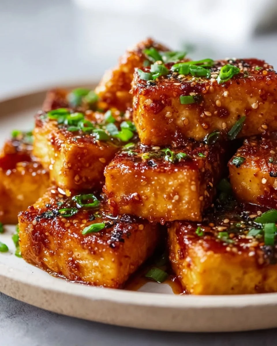 Knuspriger Honig-Knoblauch-Tofu auf einem Teller angerichtet