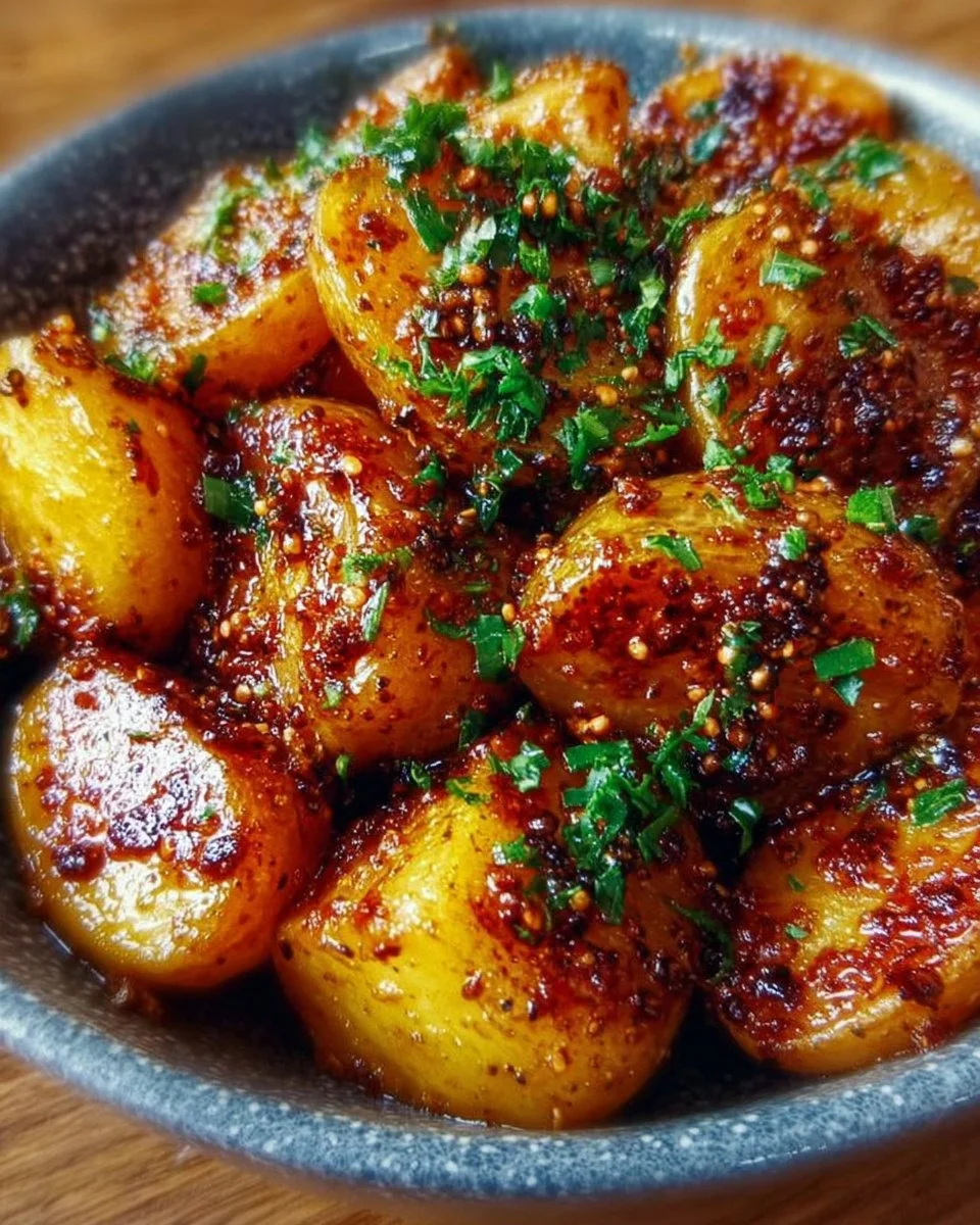 Eine Schüssel Honig-Senf-Kartoffeln, die goldbraun und köstlich sind.