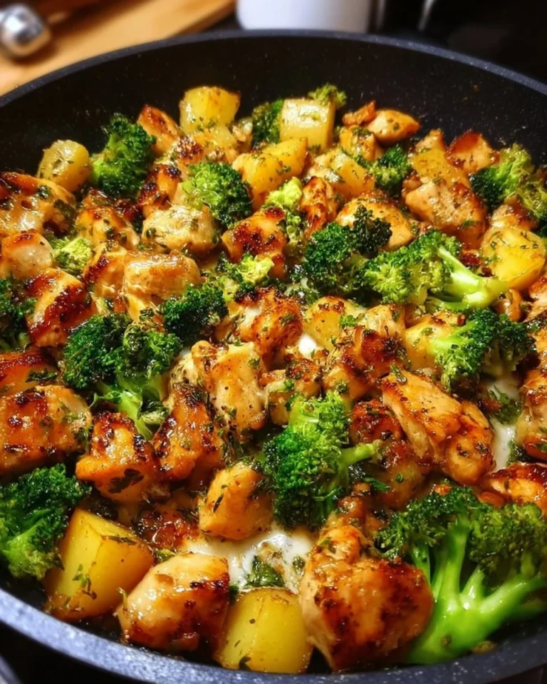 Kartoffel-Hähnchen-Pfanne mit Brokkoli auf einem Teller