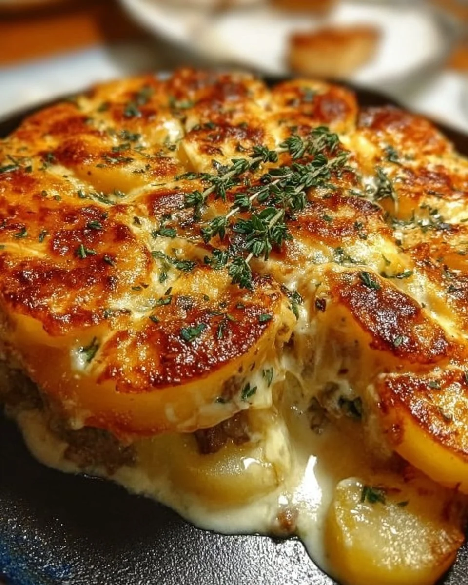 Kartoffelpfanne mit Hackfleisch in einer Pfanne angerichtet