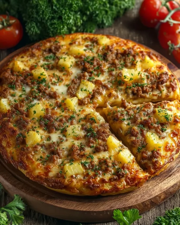 Leckere Kartoffelpizza mit Hack auf einem Holzbrett serviert