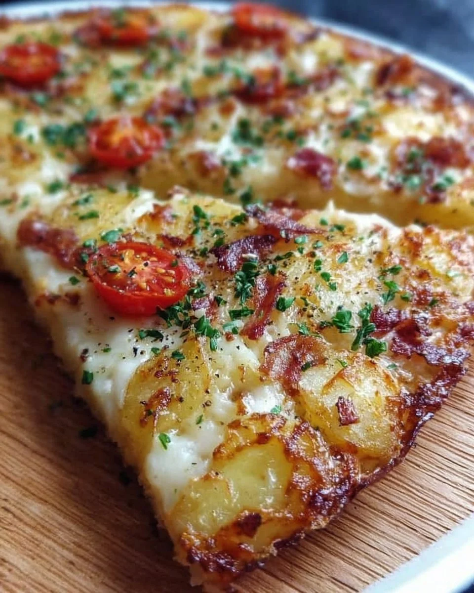 Kartoffelpizza vom Blech mit frischen Zutaten auf einem Tisch serviert