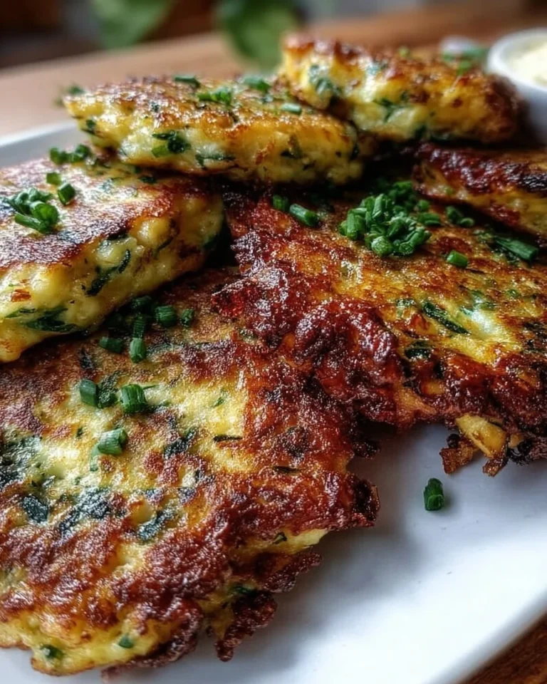 Käse-Zucchini-Puffer mit Speck auf einem Teller serviert