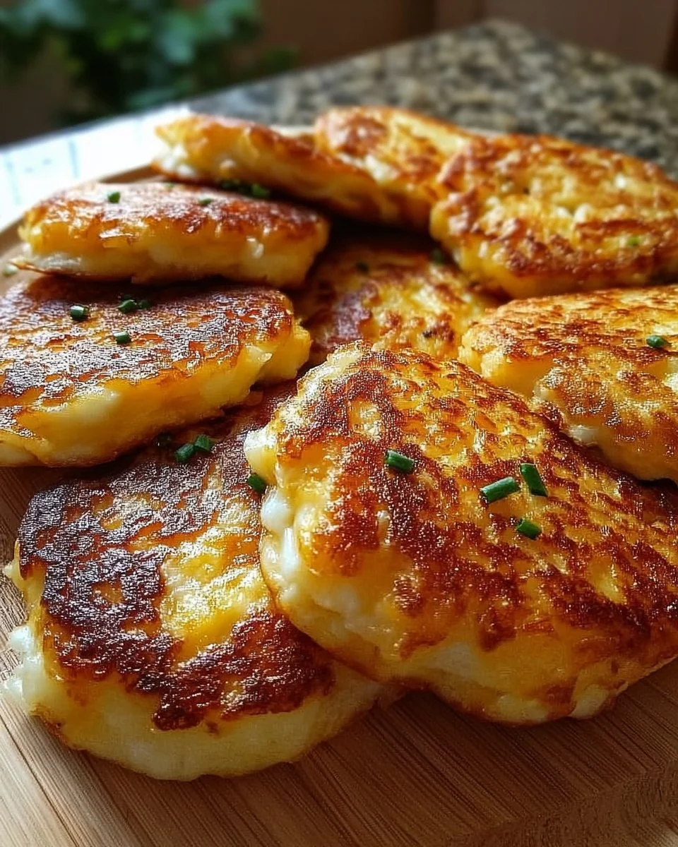 Käsegefüllte Kartoffelpuffer auf einem Teller serviert