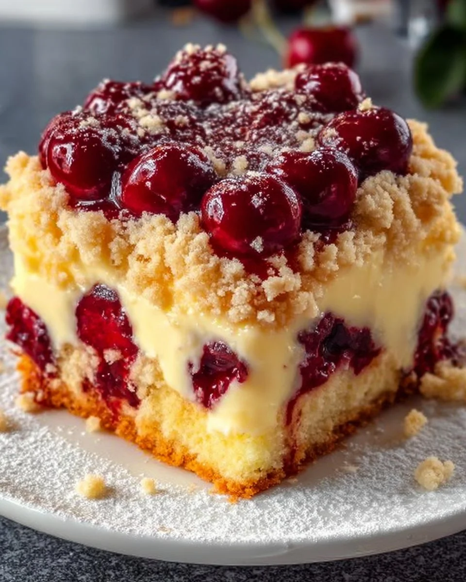 Kirschkuchen mit Streuseln und Vanillepudding auf einem Teller