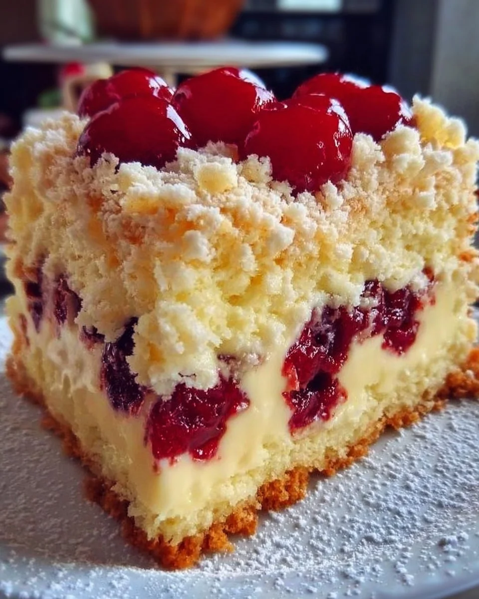 Kirschkuchen mit Streuseln und Vanillepudding auf einem Teller