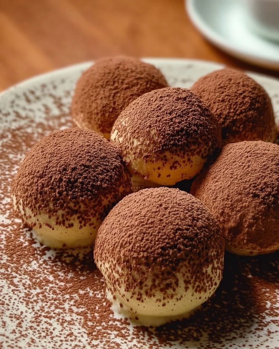 Kleine Tiramisu-Kugeln auf einem weißen Teller mit Kakaopulver bestreut.