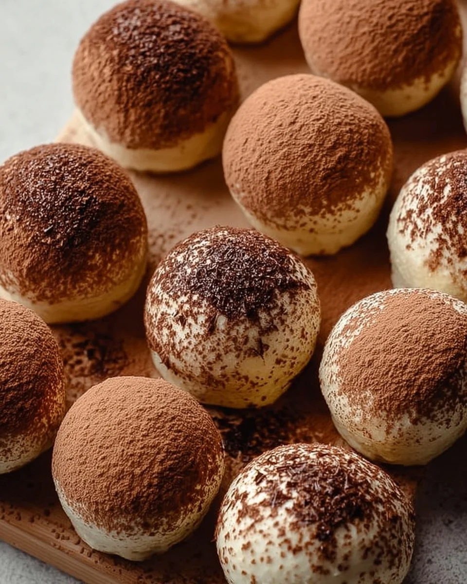 Leckere kleine Tiramisu-Kugeln auf einem Teller serviert.