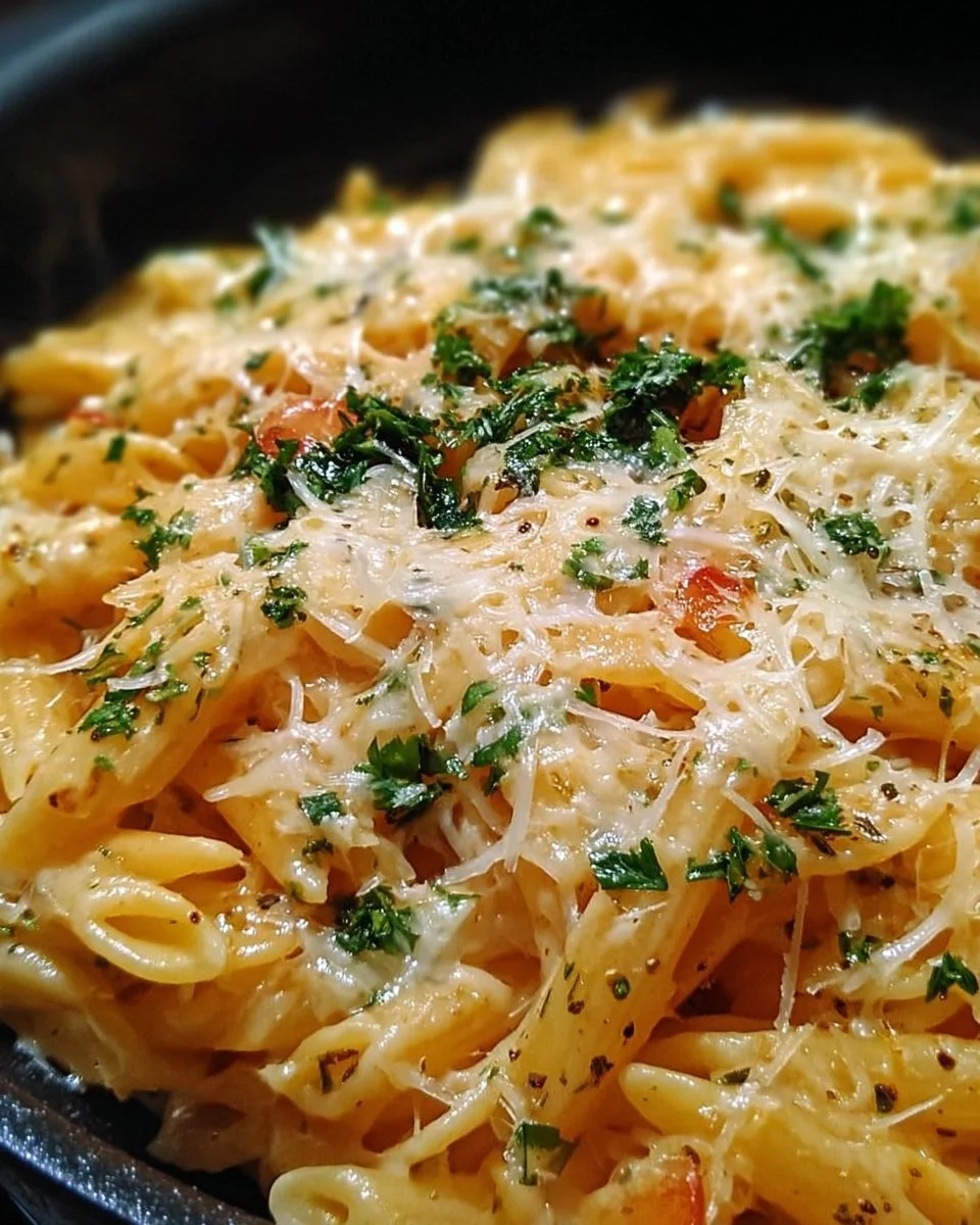 Knoblauch Käse Pasta aus einem Topf in einer Schüssel serviert