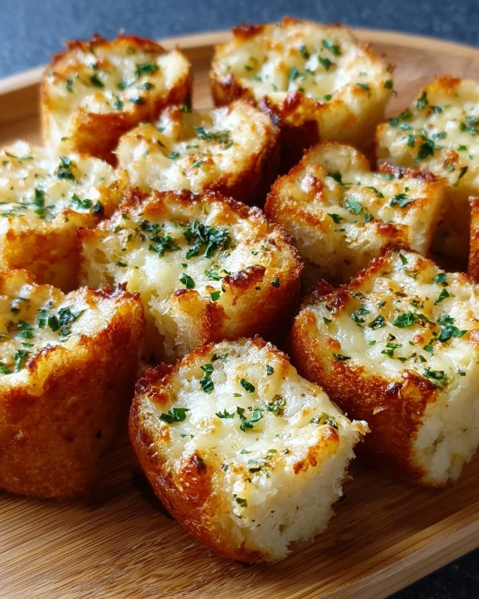 Köstliche Knoblauchbrot Bissen mit zartem Käse überbacken