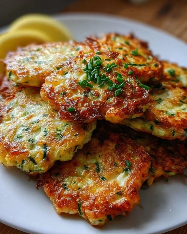 Knusprige Feta-Zucchini-Puffer auf einem Teller, garniert mit frischen Kräutern.