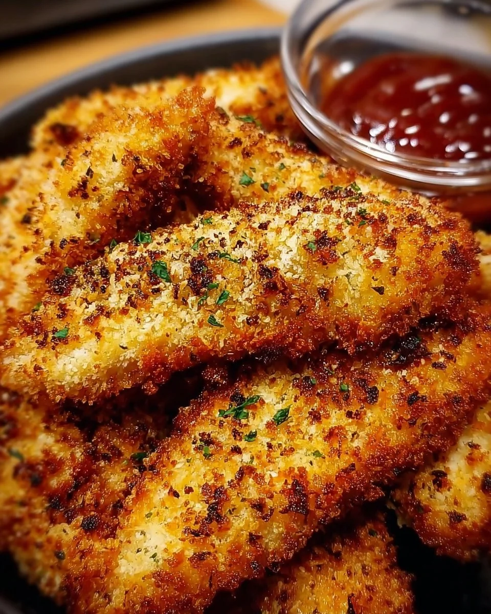 Knusprige Hähnchenstreifen aus dem Air Fryer auf einem Teller