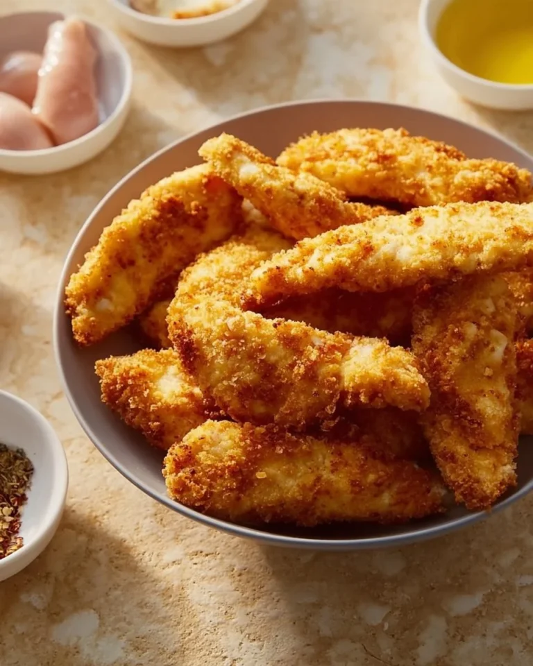 Knusprige Hähnchenstreifen aus dem Air Fryer auf einem Teller serviert