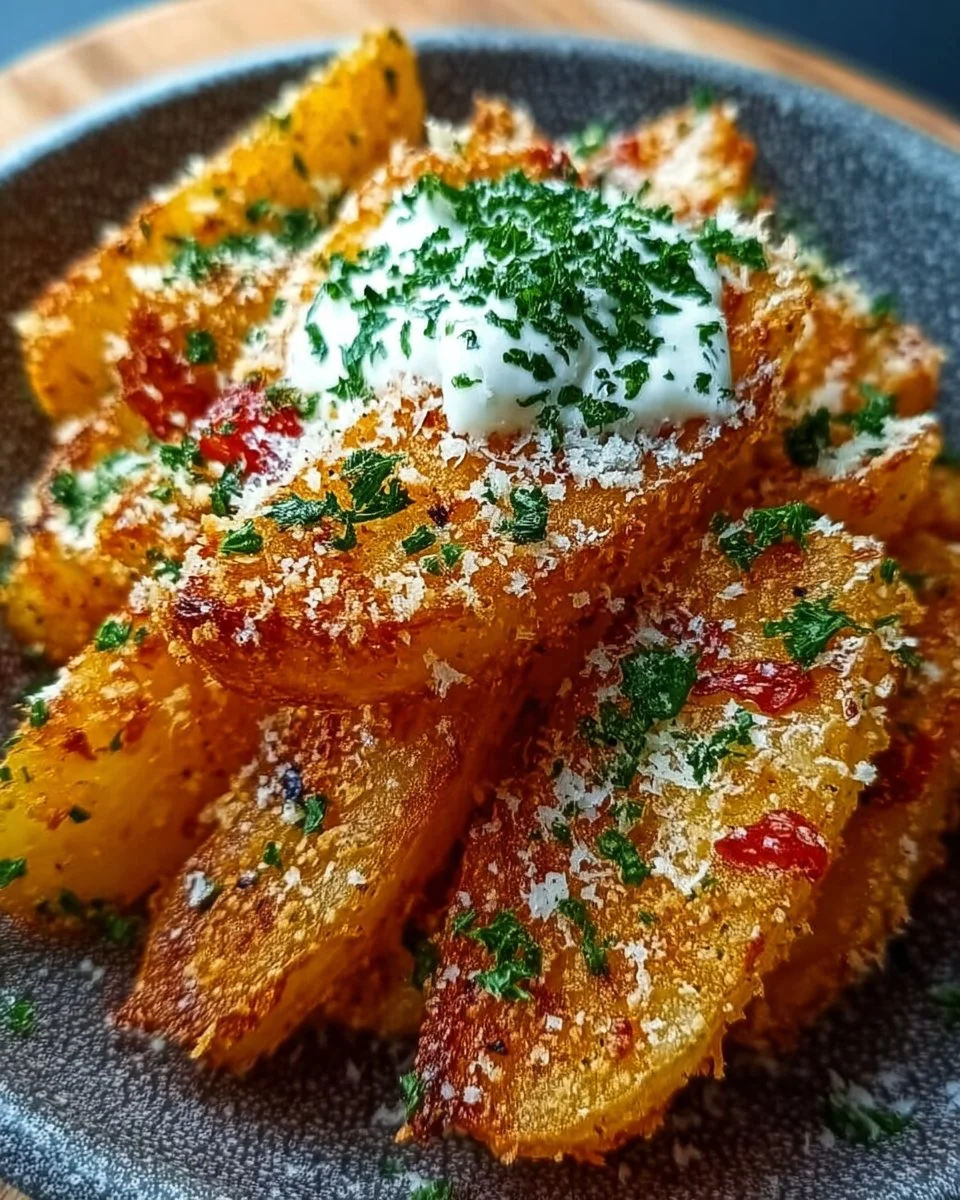 Knoblauch-Parmesan-Kartoffelspalten frisch aus dem Ofen, knusprig und köstlich.