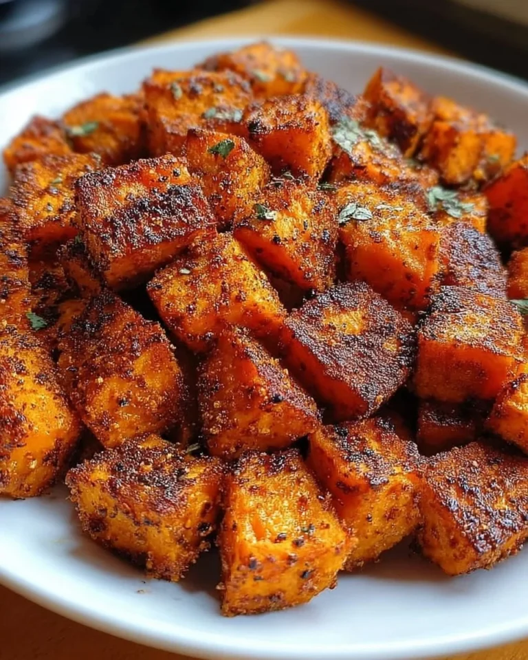 Knusprige Süßkartoffelwürfel aus dem Air Fryer auf einem Teller serviert