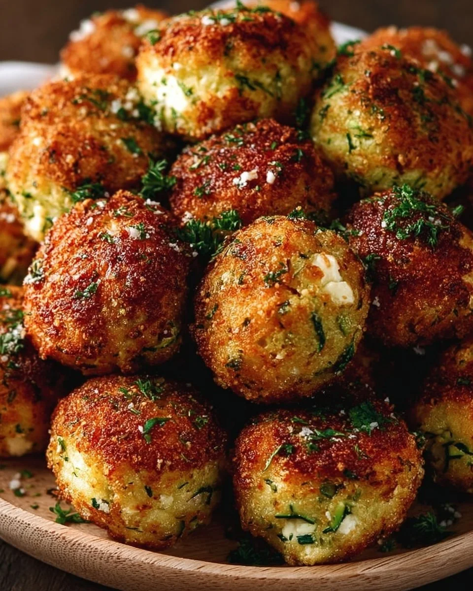 Knusprige Zucchini-Feta-Bällchen auf einem Teller serviert