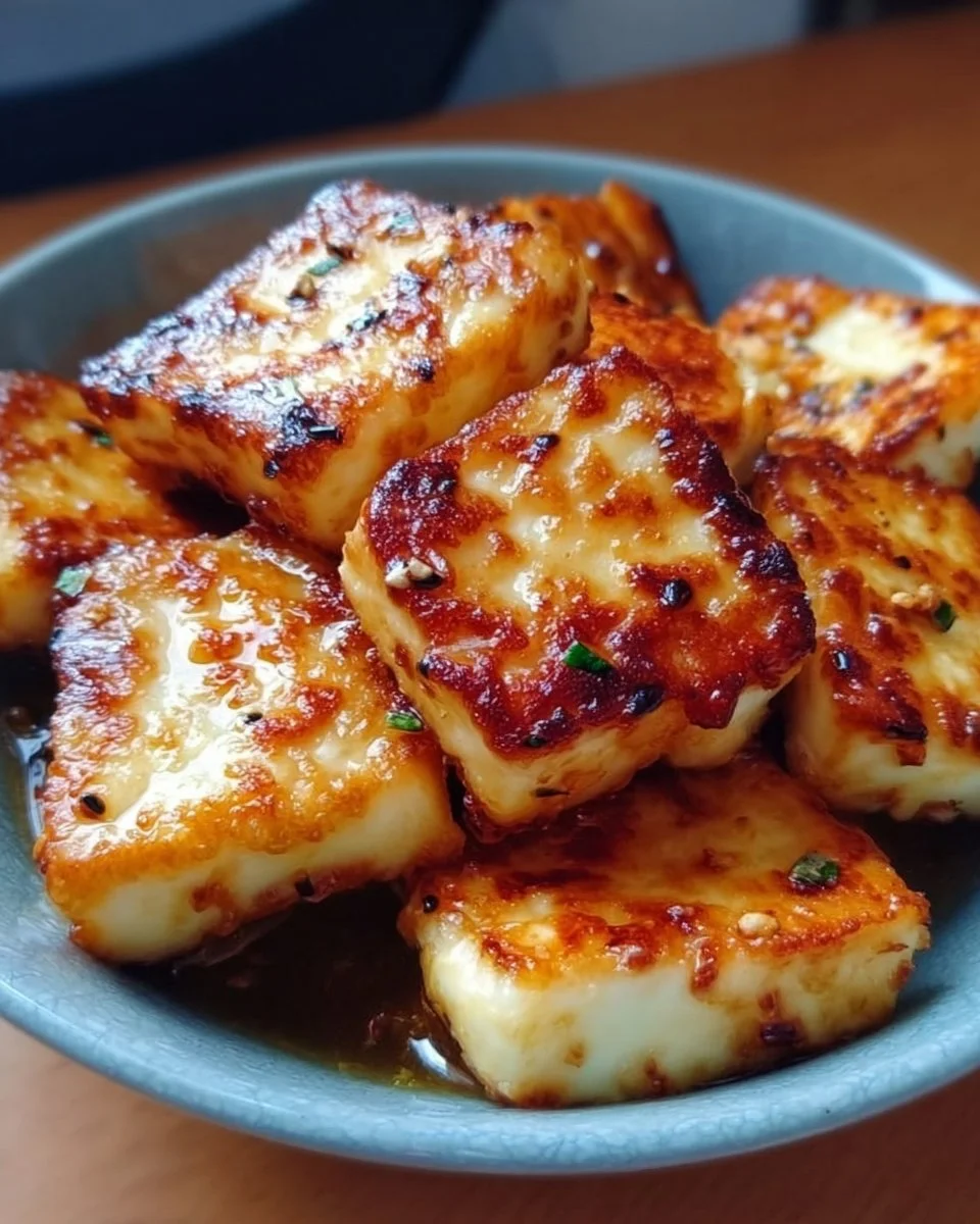 Knuspriger Halloumi mit Honig und Chili auf einem Teller serviert