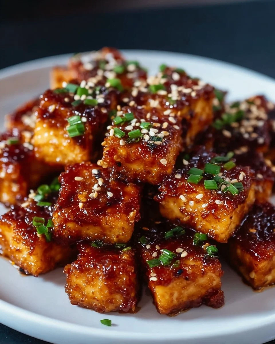 Knuspriger Honig-Knoblauch-Tofu auf einem Teller garniert mit frischen Kräutern.