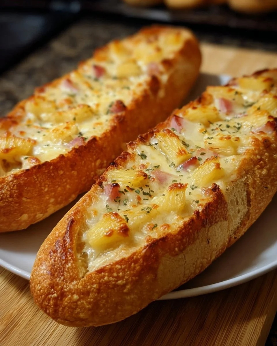 Knuspriges Hawaii Baguette aus der Heißluftfritteuse auf einem Teller