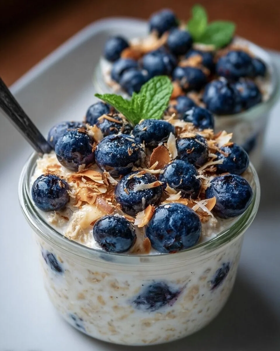 Schüssel mit Kokos-Blaubeer-Haferflocken, gesundes Frühstücksrezept