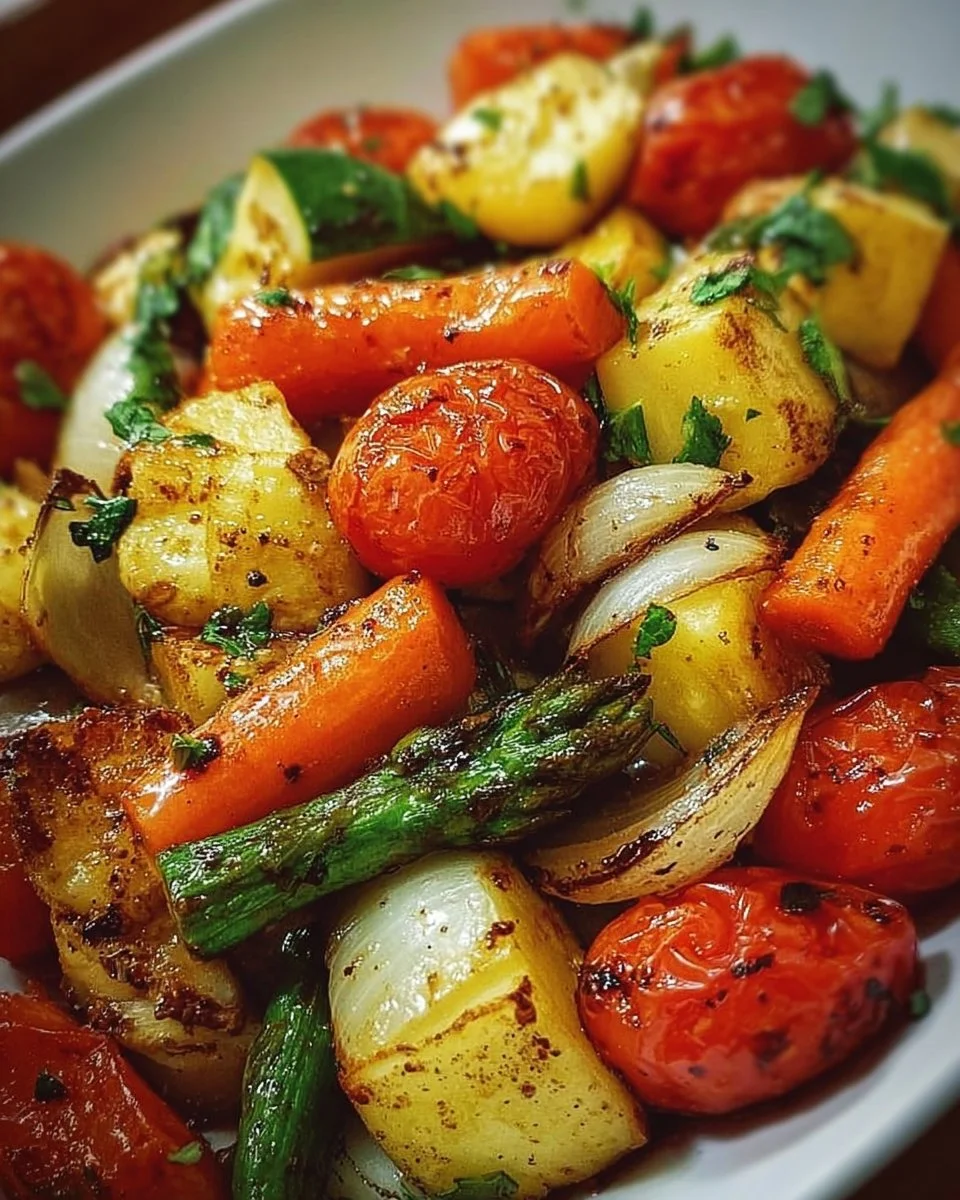 Köstliches Airfryer Sommergemüse-Medley aus frischem Gemüse im Airfryer zubereitet.
