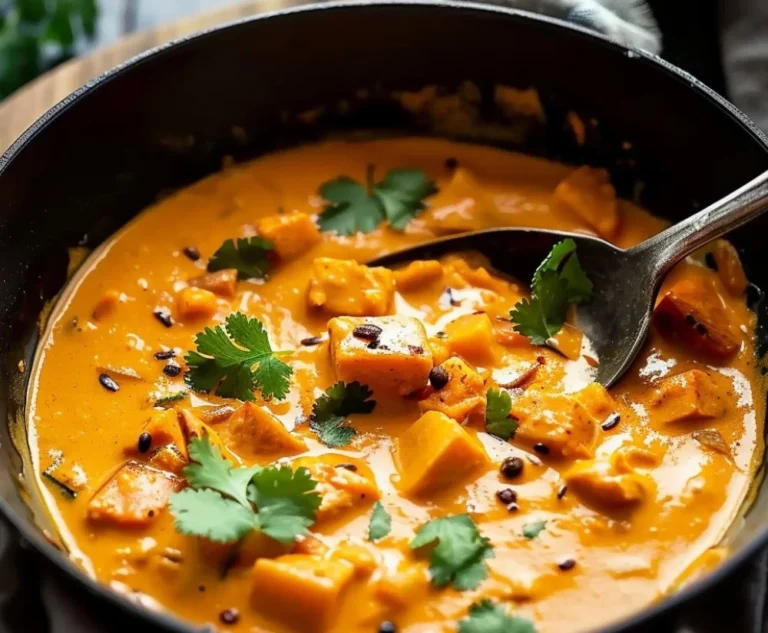 Kürbis-Curry mit Kokosmilch auf einem Teller angerichtet