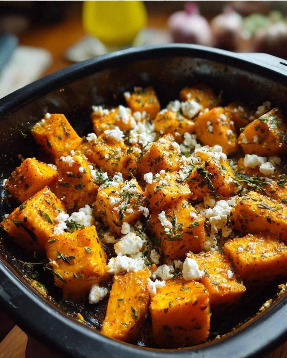 Kürbis Feta Gericht aus dem Airfryer, frisch und appetitlich angerichtet.