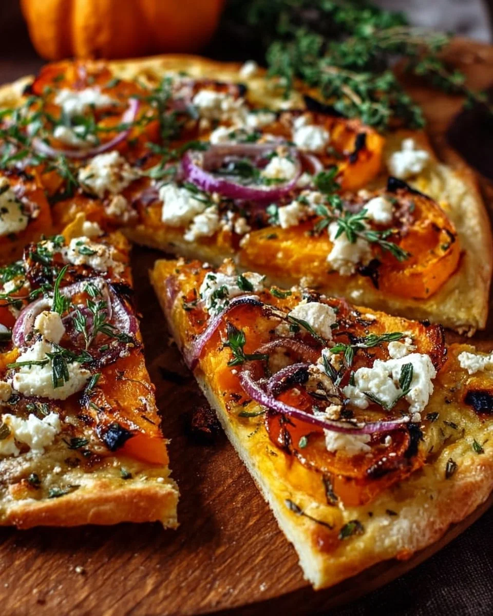 Kürbis-Flammkuchen mit Feta auf einem Holzbrett serviert.