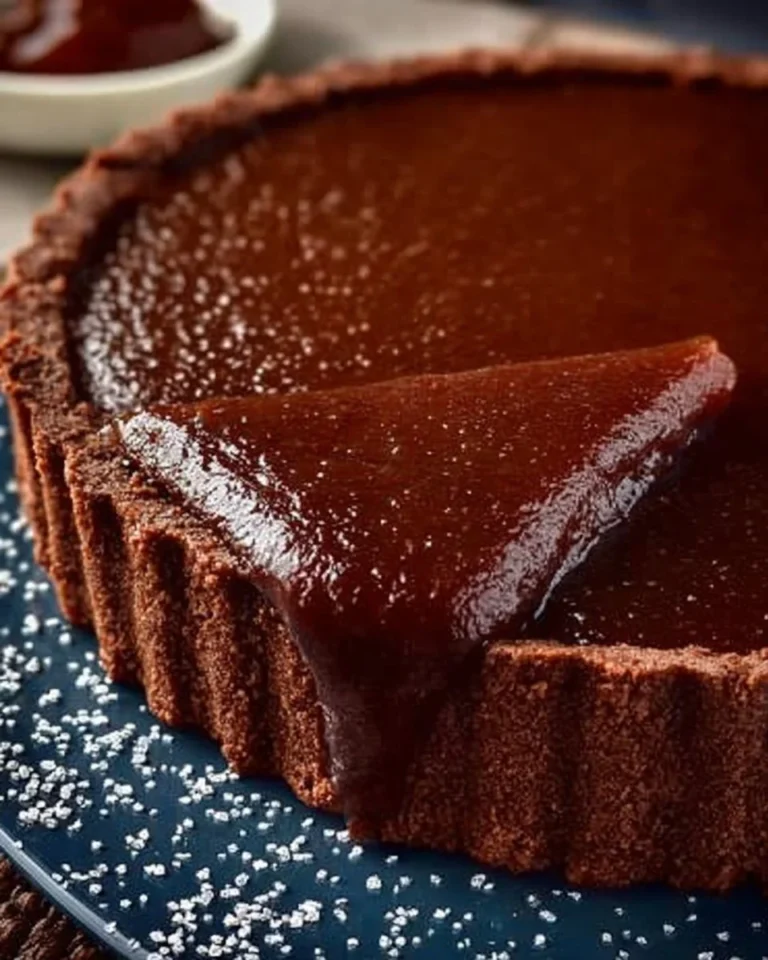 Leckere Schokotarte mit Apfelmus auf einem Teller serviert