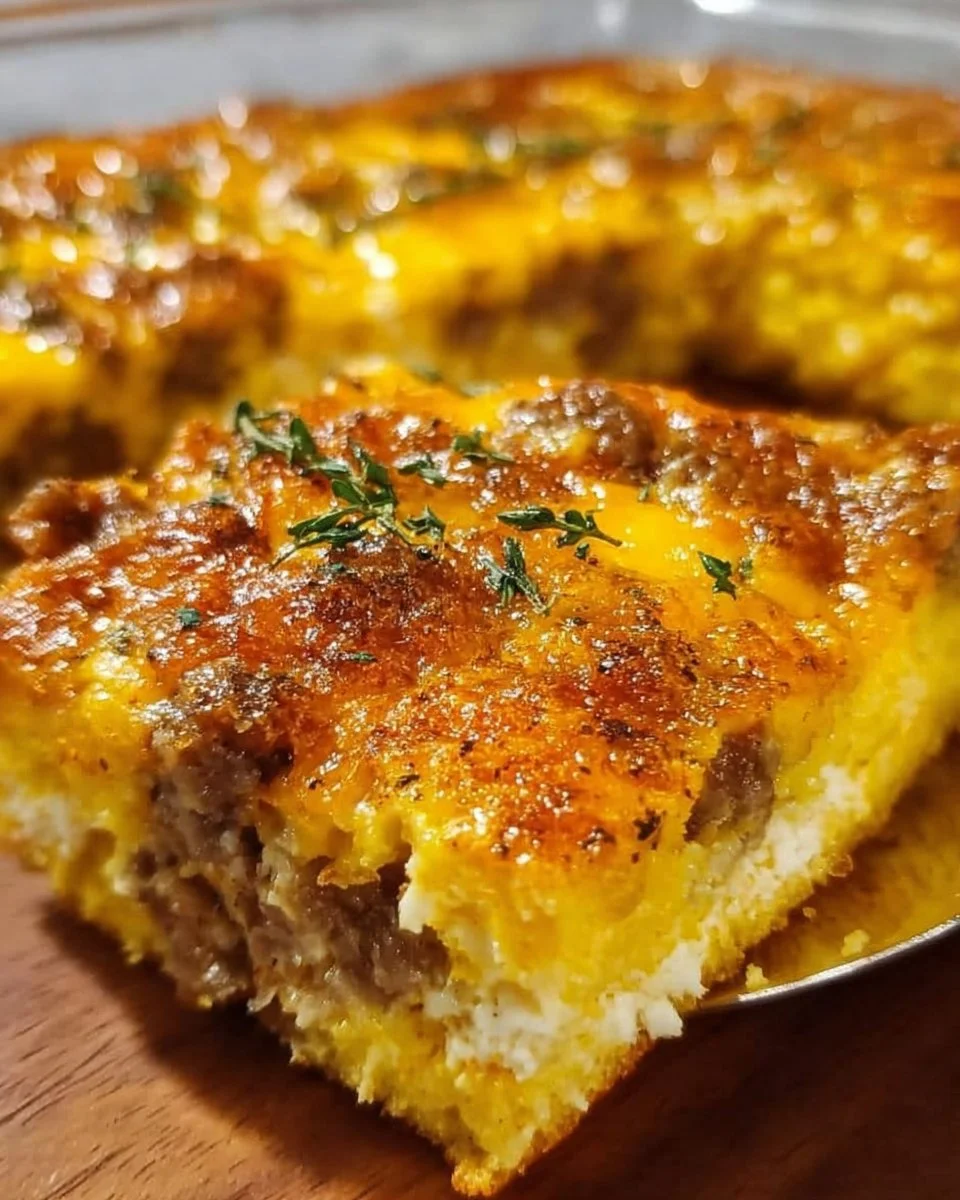 Leckerer Wurst-Ei-Käse-Auflauf frisch serviert auf einem Teller.