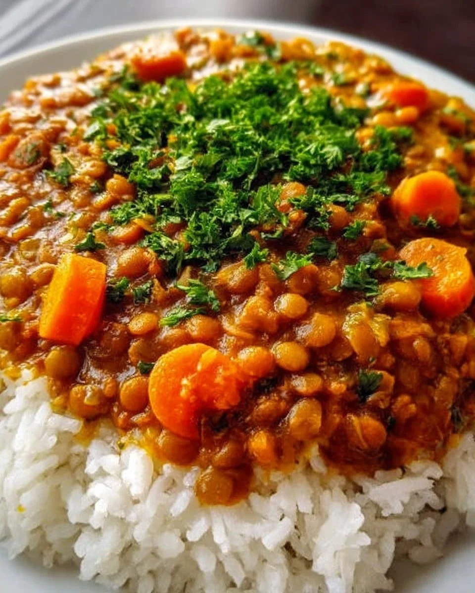 LINSENCURRY mit Möhren in einer bunten Schüssel angerichtet