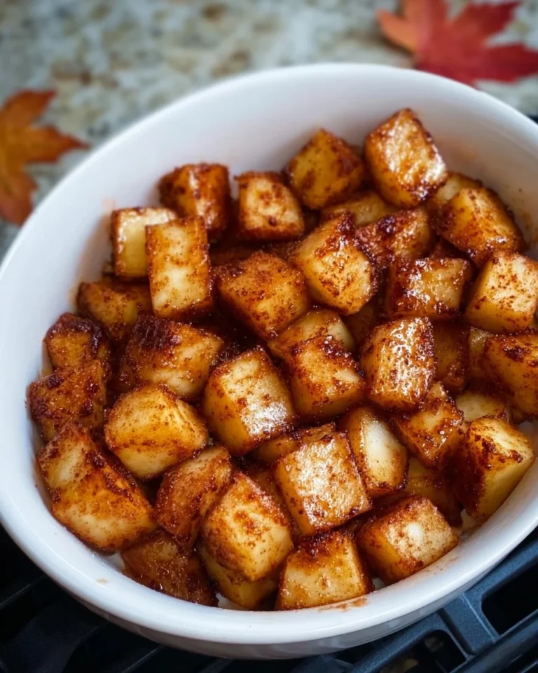 Luftfrittierte gewürfelte Zimtäpfel mit Zimt und Zucker garniert.