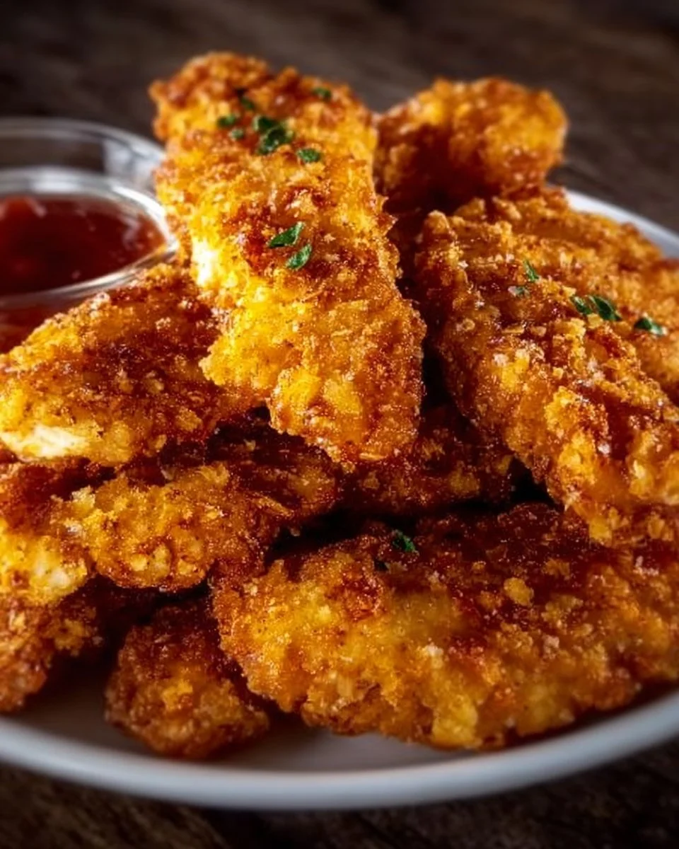 Knusprige Hähnchenstreifen aus der Luftfritteuse auf einem Teller serviert.