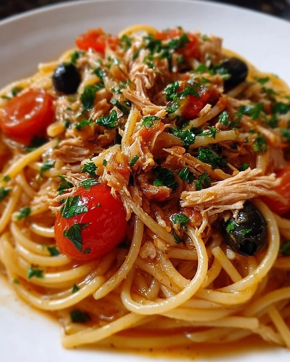Mediterrane Spaghetti mit Thunfisch, Oliven und Kapern auf einem Teller