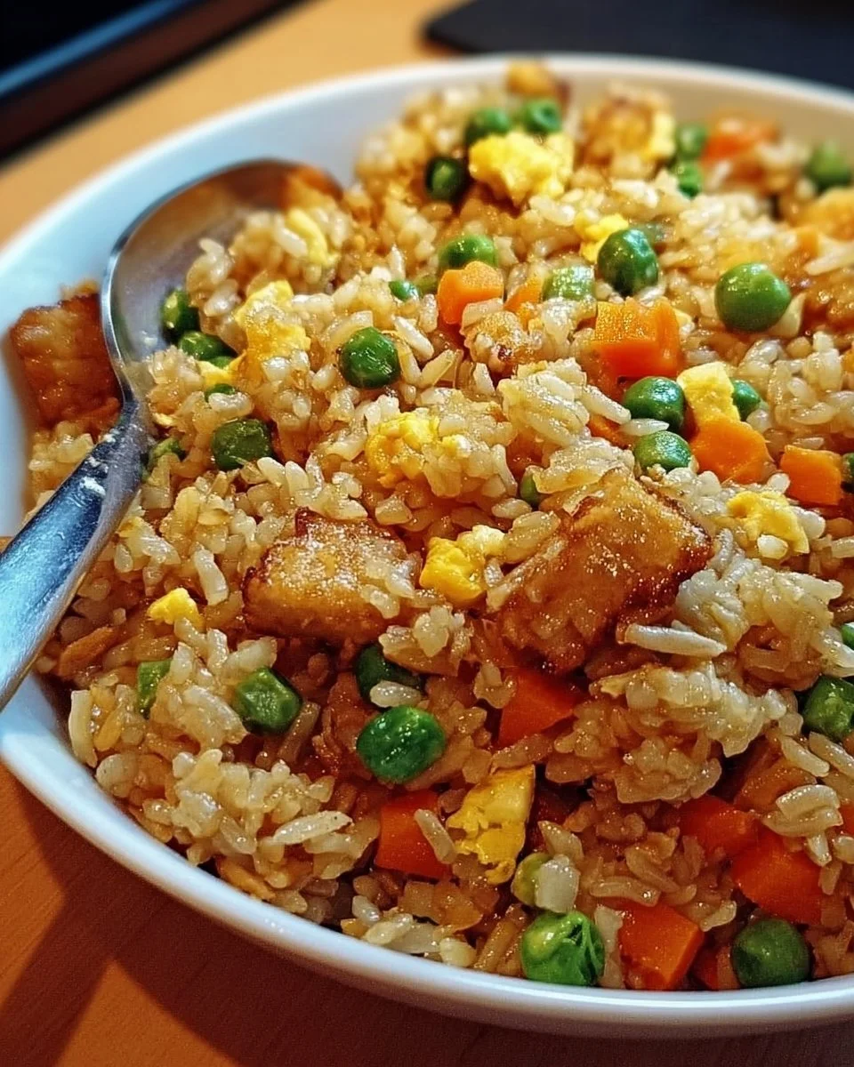 Leckere Portion Nasi Goreng mit Gemüse und Eiern auf einem Teller