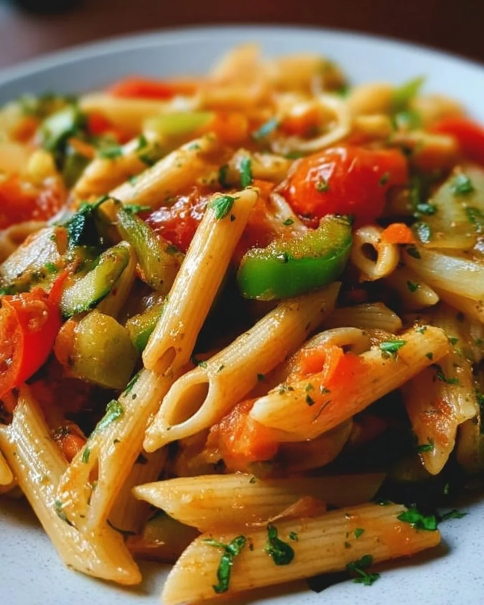 Leckere Nudeln mit buntem Gemüse auf einem Teller serviert.