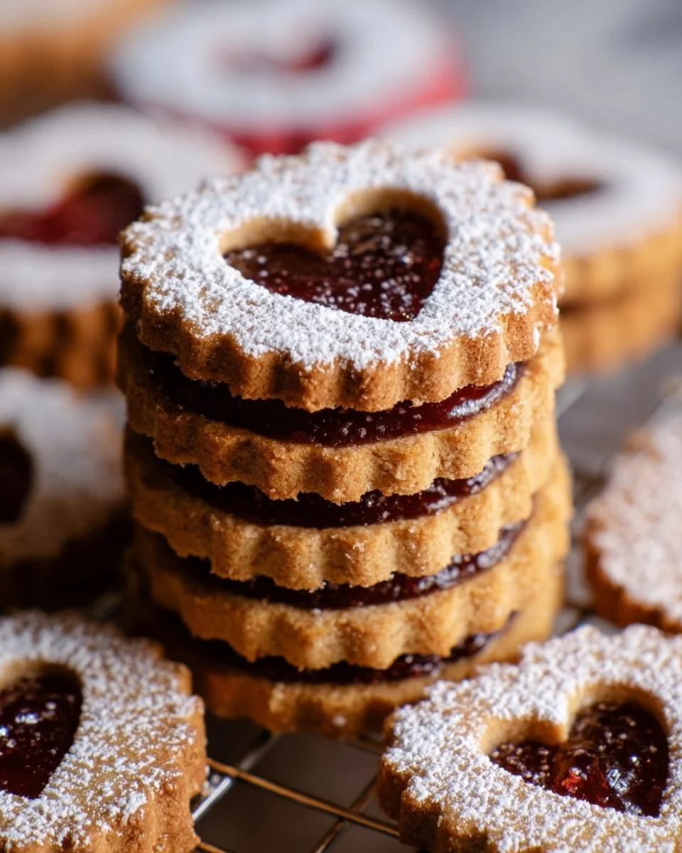 Omas Linzer Plätzchen auf einem Teller, traditionelles Rezept für Feiertage