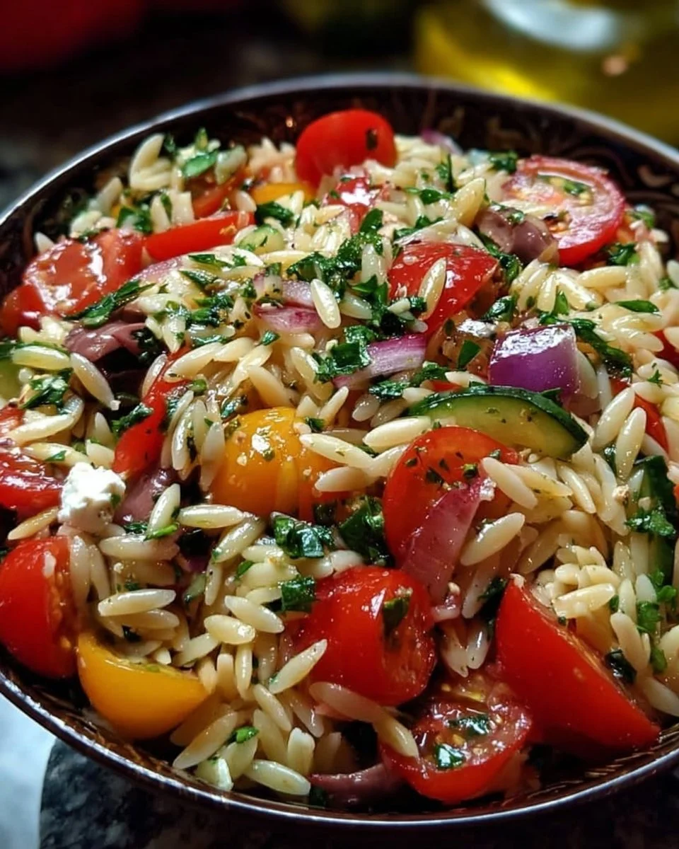 Omas mediterraner Orzo-Salat mit frischem Gemüse und aromatischen Kräutern.
