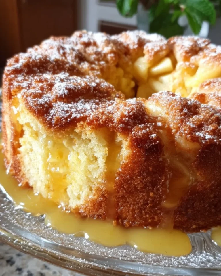 Omas saftiger Apfelkuchen mit Pudding auf einem Teller serviert