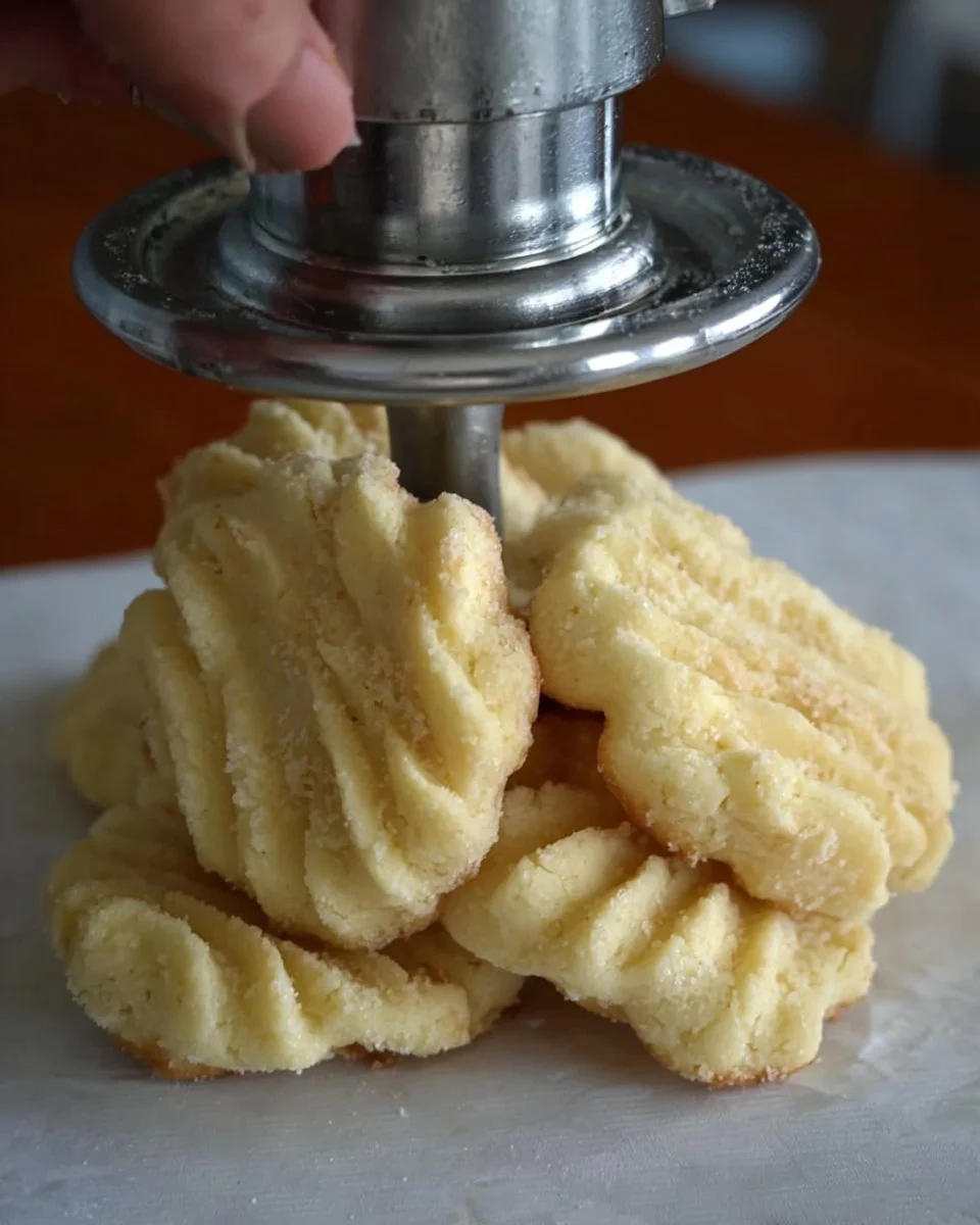 Omas Spritzgebäck aus dem Fleischwolf auf einem Teller, frisch gebacken.