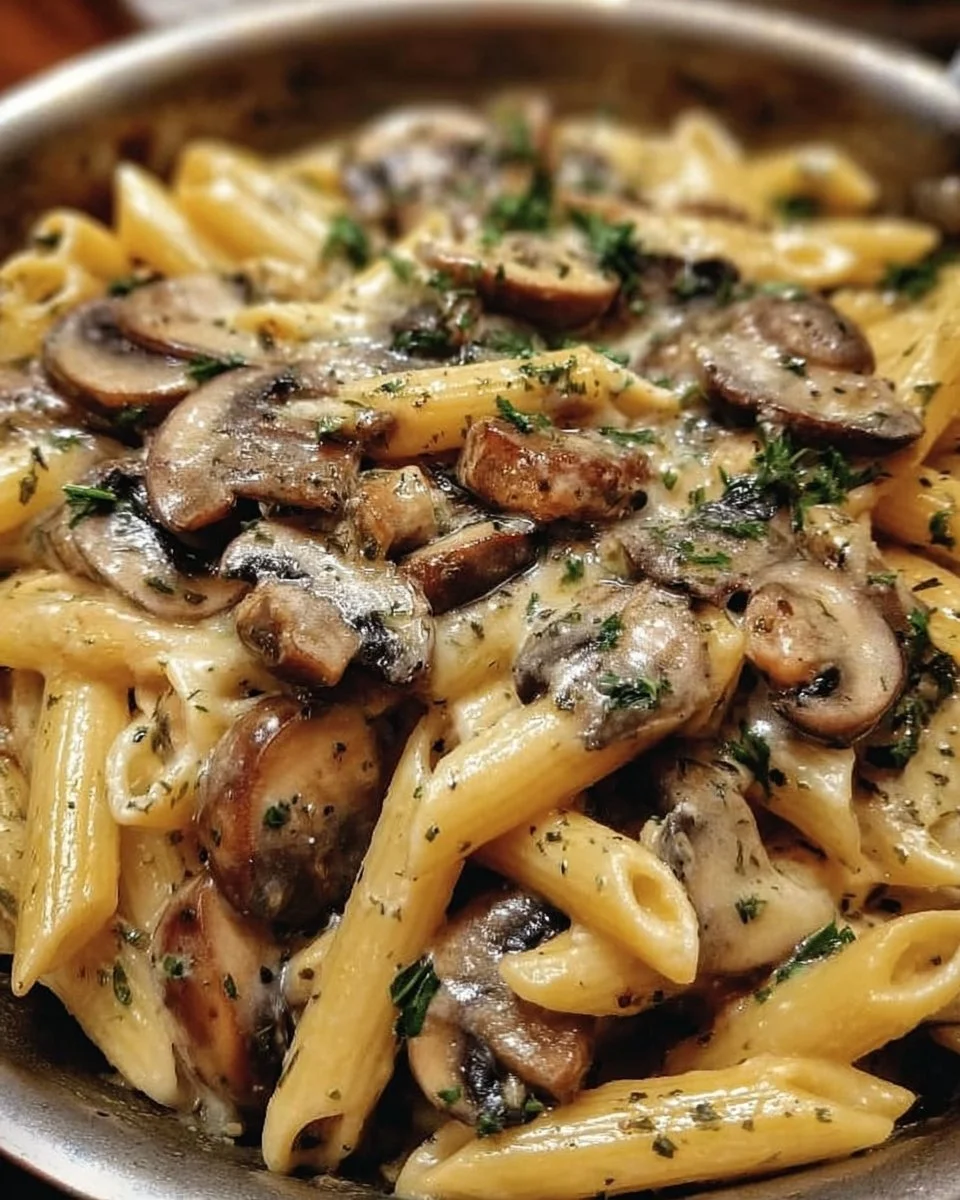 Leckere One Pot Pasta mit Pilzen in einem Topf zubereitet.