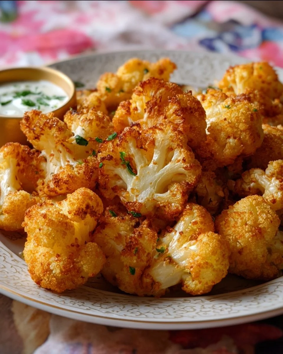 Panierter Blumenkohl im Airfryer serviert auf einem Teller